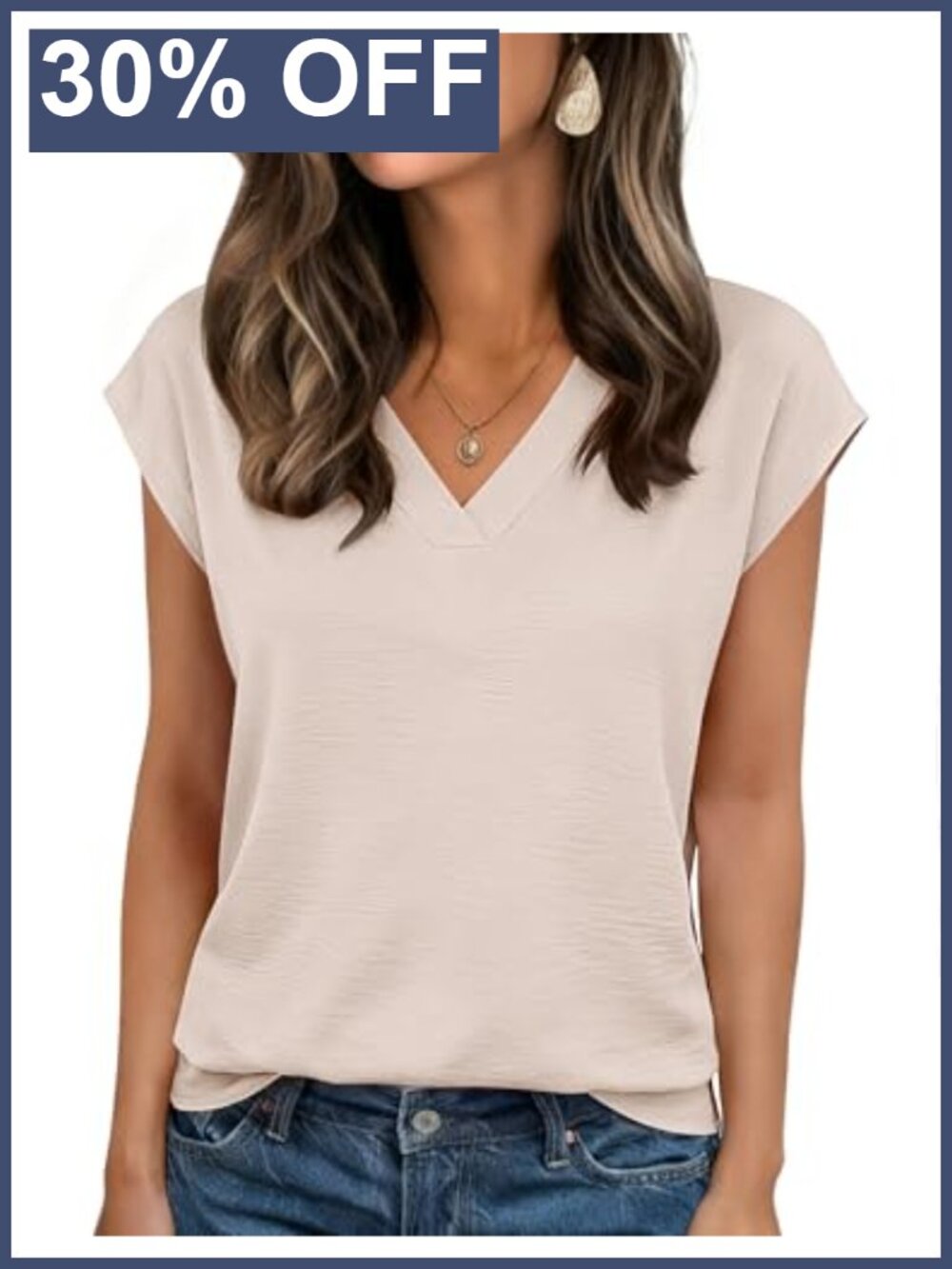 Cap Short Sleeve Textured Blouse V Neck Summer Top Regular Fit